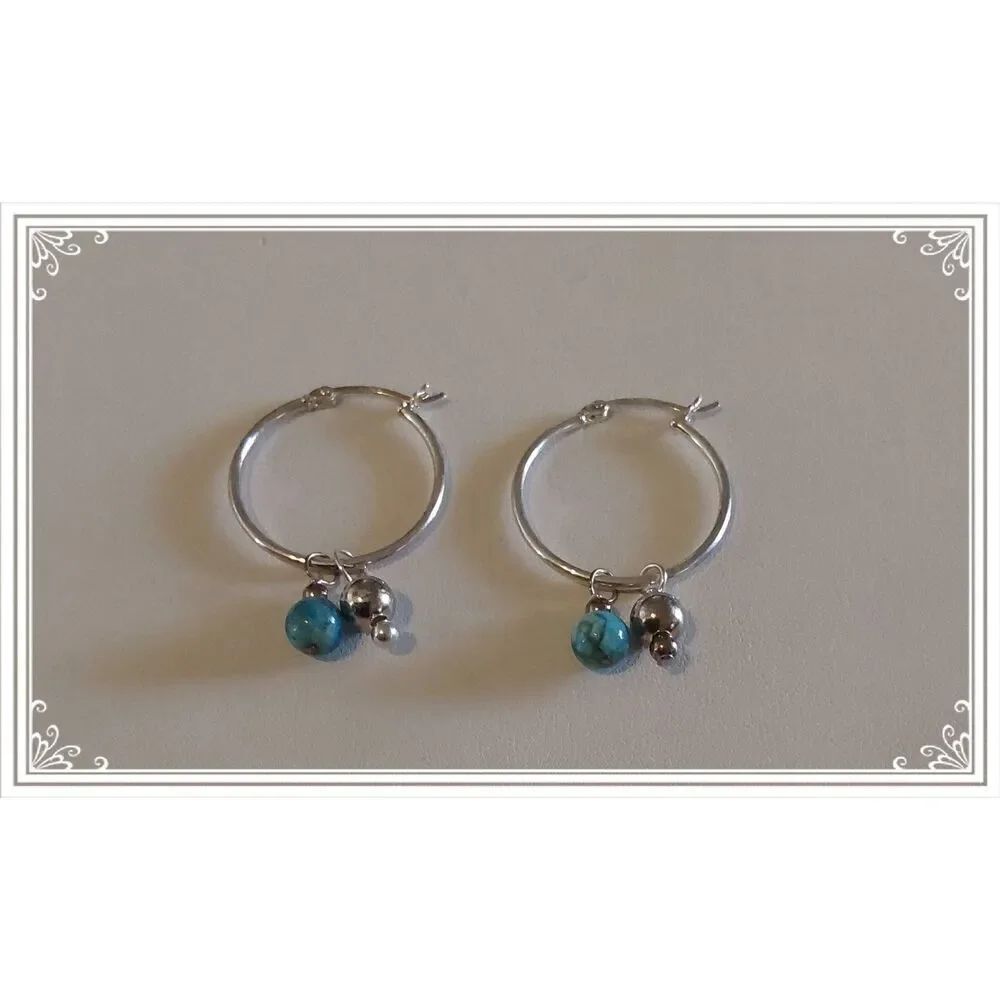 New~American West Jewelry 925 SS Hoops w/Sterling & Turquoise Ball Bead Charms